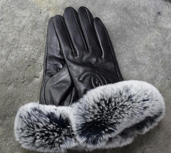 Women fur gloves top quality Leather Luxury fashion brand Plush rabbit soft warm Lambskin Bicycle touch screen gloves finger gloves