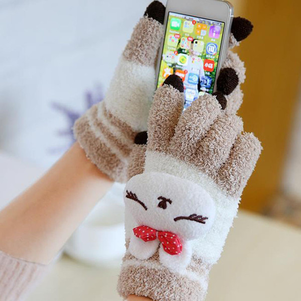 200PAIRS / LOT Winter Warm Cute Panda Cat Rabbit Knitted Gloves Girls Fashion Cartoon Lovely Coral Fleece Mittens