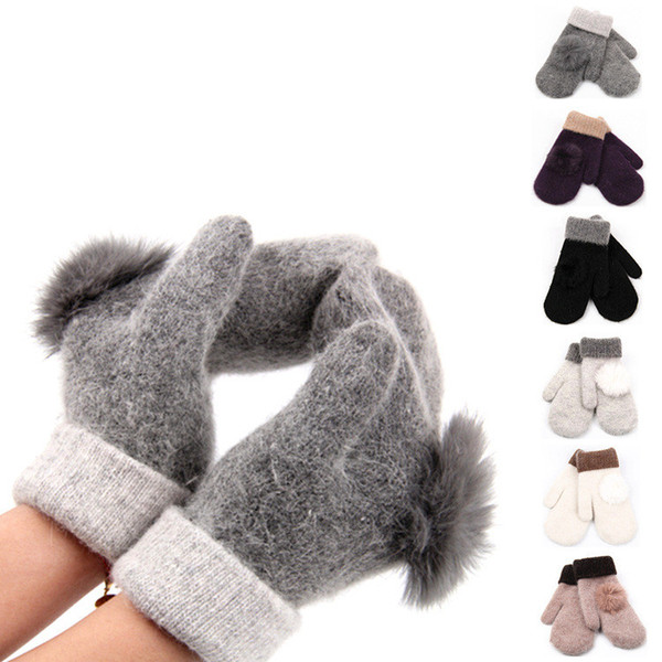 Womens Knitted Knitting Wool Gloves Winter Warm Rabbit Fur Ball Top Pom Pom Thick Mittens For Lady