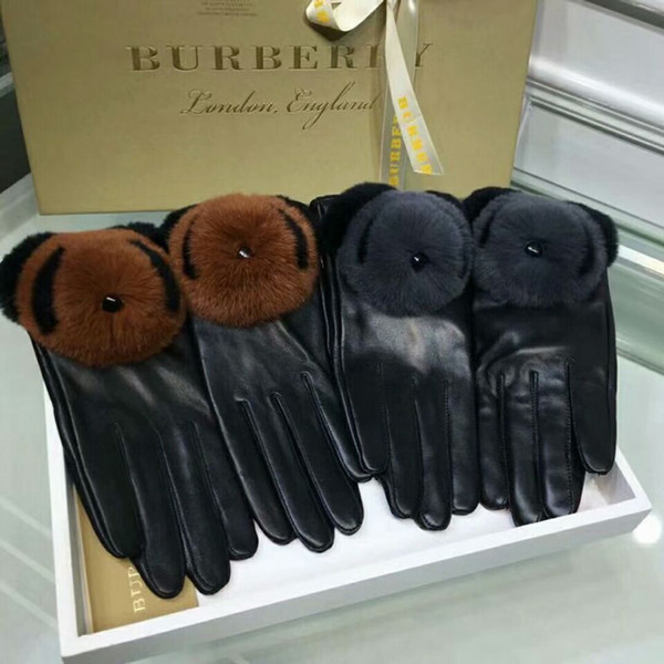 Brand leather gloves women, autumn and winter warm touch gloves windproof warm rabbit fur lovely gloves