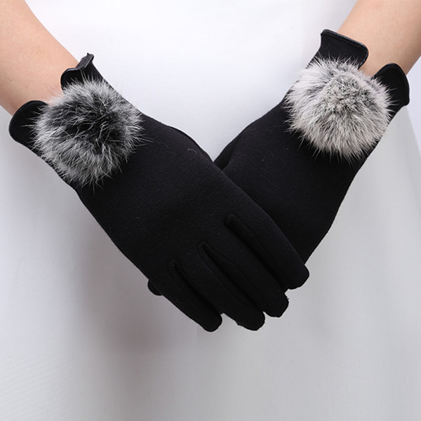 women's winter gloves 2017 genuine fur autumn elegant cotton glove real rabbit fur pompom touch screen driver's gloves mittens