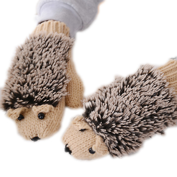 Hot Selling Cute Hedgehog Gloves Women Winter Warmer Knitted Crochet Wrist Cartoon Fleece Heated Mittens Erinaceus