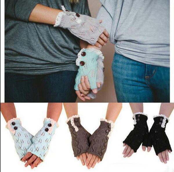 2017 Fingerless Lace Knitted Gloves Women's Warm Winter Knit Gloves Button Mittens Fashion Women's Warm Gloves