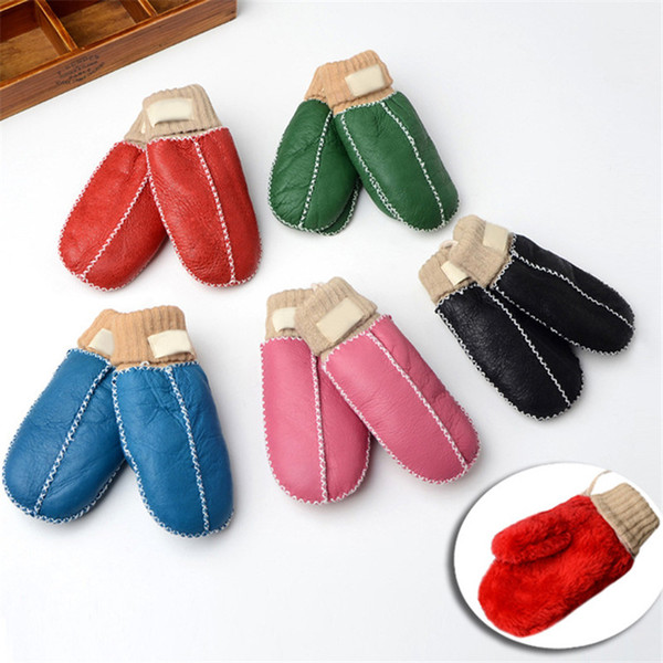 New Outdoor Warm Children Fur Gloves Sheep Skin Mittens Winter Kids Brand Leather Gloves Handmade Sewing 8 Colors With Hanging Rope