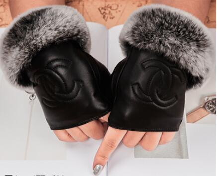 Women winter fur Genuine Leather Luxury original fashion brand gloves Plush rabbit soft warm sheepskin Sexy Half finger Touch screen gloves