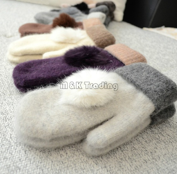 Woolen Gloves Warm And Soft Winter Ladies Mittens Solid Colors Grace Rabbit Fur Ball Double Layer Match Colors 10pcs