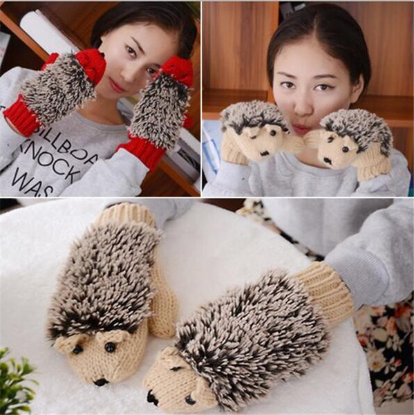 20pcs 9 colors Novelty Cartoon Winter Gloves for Women Knit Warm Fitness Gloves Hedgehog Heated Villus Wrist Mittens R194