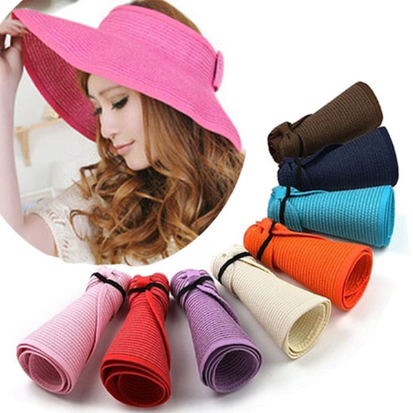 Women Large Floppy Visor Hat Foldable Straw Boho Wide Brim Hat Summer Beach bowknot Lady Sunscreen Caps Roll Up AAA2005