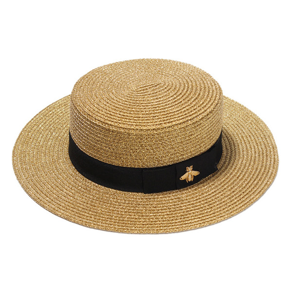 European and American retro gold woven straw hat women sunshade flat top hat sunscreen travel folding straw hat