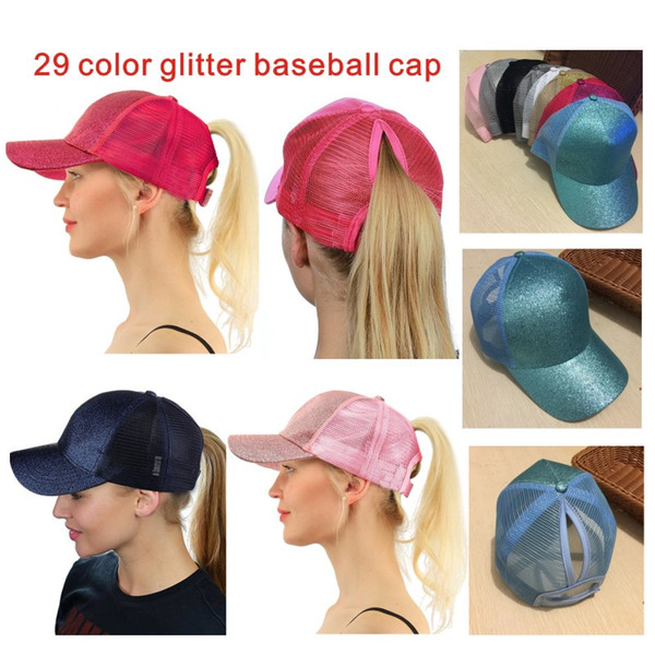 Hot 29 Color Shiny Horse Tail Breathable Baseball Cap Men & Women Bags Summer Truck Gorras Shiny Gold Shiny Lady Hat