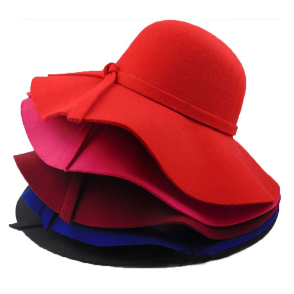 Hepburn Hats Fashion Woolen Women wide brim Hat Beach Bowknot Sun Cap Elegant Bowknot Winter Warm Hat Mother and kids hats