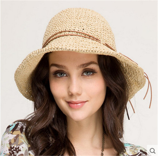 New fashion women line decoration costume hat ms sun hat summer beach soft straw Bohemia folding manual hat