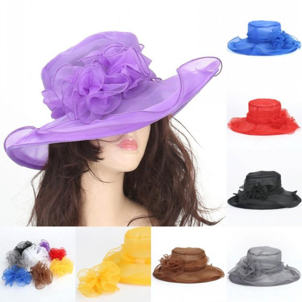 Fashion Designer Women Church Hats Kentucky Derby Organza Ladies Hat Female Summer Caps Red Blue Grey Black Brown White Purple Yellow Color