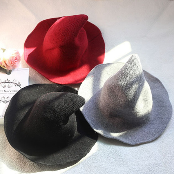 Witch Tall Pointed hat foldable Kntting Woven Red Fashion Girls Women Wide Brim Hats Halloween Party Prop Wholesale