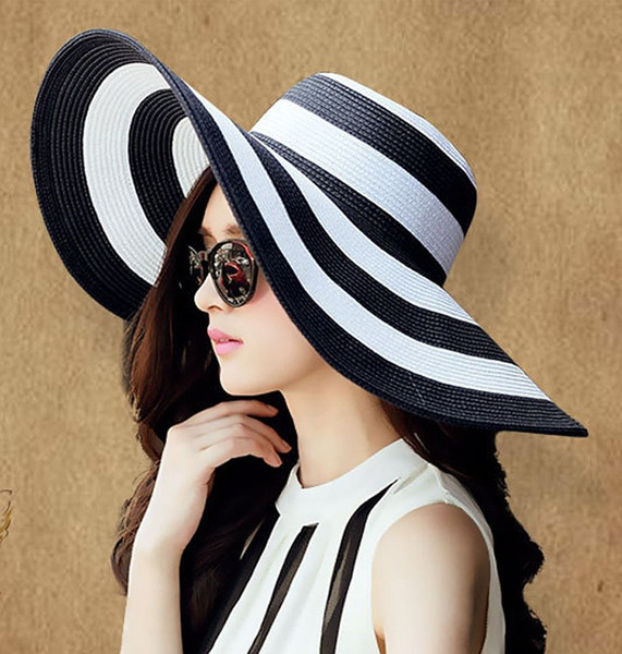 2PCS Women Wide Large Big Brim Hats Summer Beach Sun Straw Beach Derby Blue Black and White Stripe Hat Caps Flexible Packing