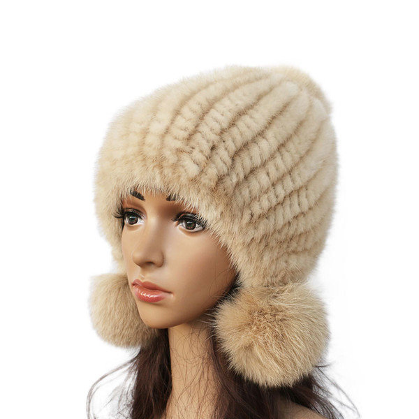 Fashion Women Real mink hat Winter warm mink fur knit hats Women fox fur ball cap D18110102