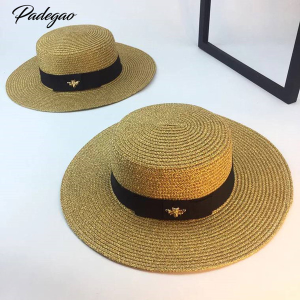 Spring and summer new retro gold braided flat head straw hat lady wide eaves sunscreen sun hat summer hat cap S18101708