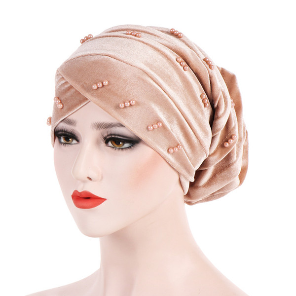 Muslim Women Stretch Cross Bead Velvet Ruffle Turban Hat Cancer Chemo Beanies Headwear Wrap Plated Hair Loss Accessories