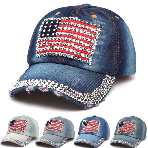 USA Flag Baseball Caps Adjustable Universal Jean Denim Rhinestone Girls Fashion Hat Multi color Hot Sale NNA95