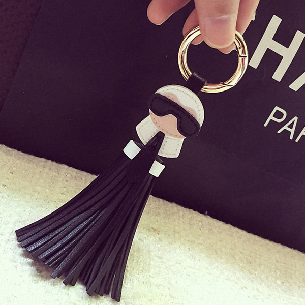 Cute Big Brand Karl Genuine Tassels Monster Bag Bugs Car Ornaments Leather Tassels Bag Charm Key Chain K008-black