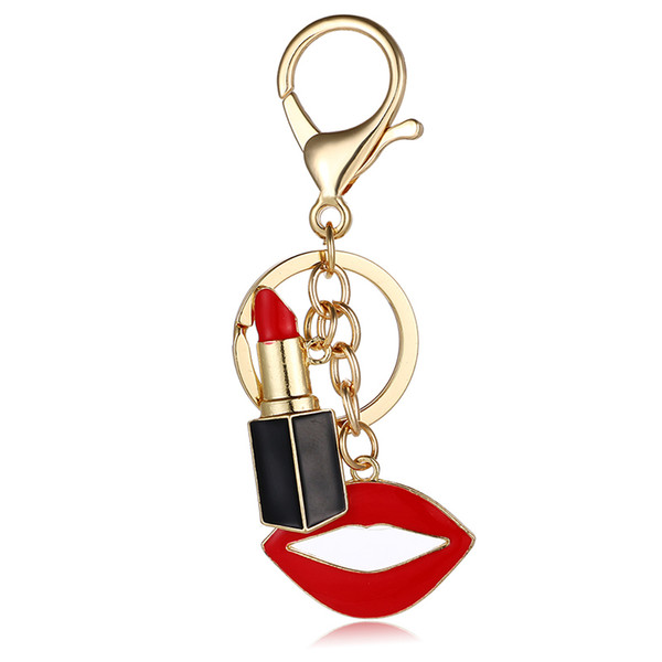 Hot selling gold rhinestone crystal charm enamel red lipstick lips bag key chain handbag ysk036 key car keys