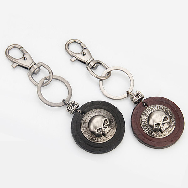 Black Brown Antique Design Skull Leather Keychain Keyring - Key Chain Ring Holder For Cowboy Rider - Women Fashion Punk Bag Pendant