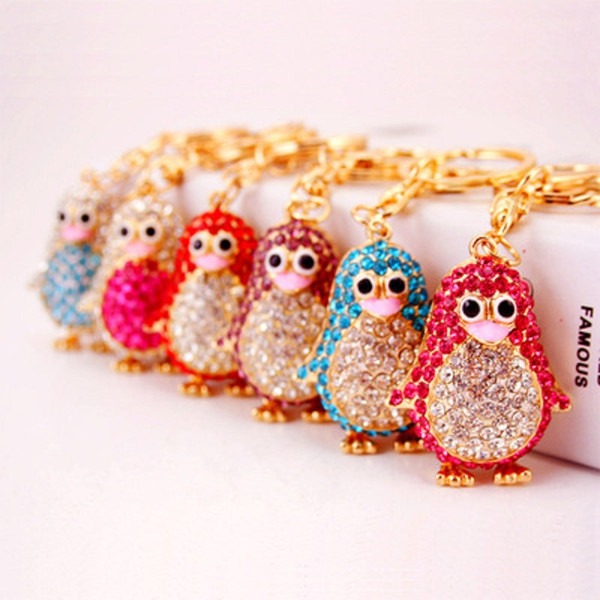 Penguin Keychains Keyring Crystal Rhinestone Women Holder Bag Charm Keyring Keychain Key Chains Ring Jewelry Wedding Favor 6 Colors