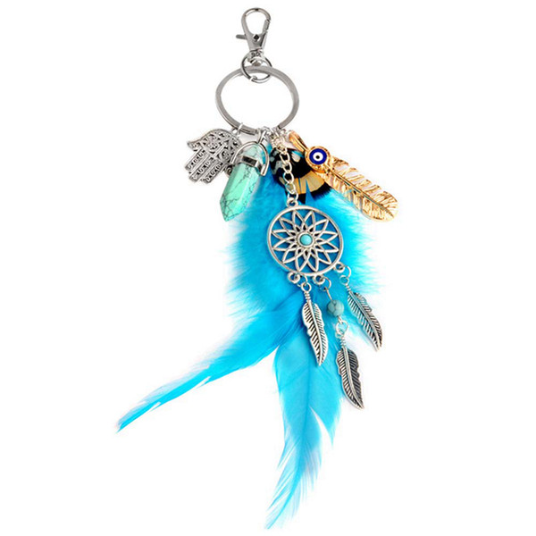 Fashion Natural Opal Stone Dreamcatcher Key Ring Bag Charm Fashion Silver Boho Jewelry Feather Keychain For Women High Quality