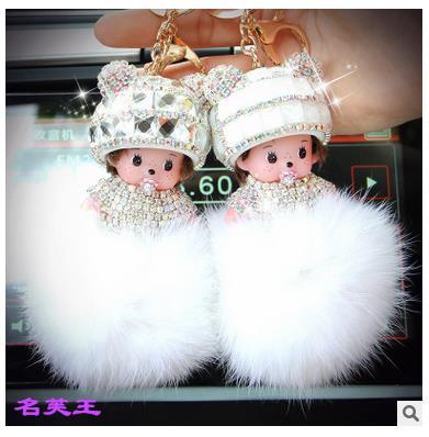 KIKI Monchichi real rabbit bunny fur pom pom keychain Crystal cartoon Dolls pompom Key chain Woman bag car Charm pendant