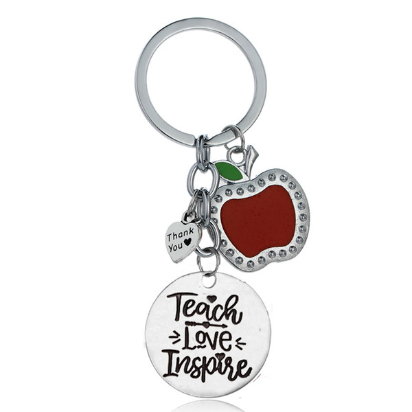 12 Pc/Lot Appreciation Gift For Teachers Teach Love Inspire Heart Apple Charm Keychain Key Ring School Party Teachers Keyring