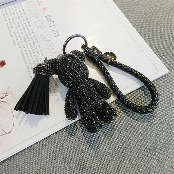 Full Rhinestone Cartoon Bear Keychain Car Velvet Tassel Key Chain Ring Holder Pendant For Bag Charm Chaveiro llaveros mujer Gift C19011001