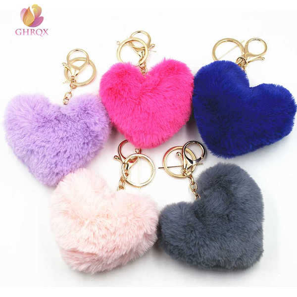 GHRQX NEW Lovely Heart Shaped Pom Poms Imitation Rabbit Fur Ball Toy Doll Bag Car Key Ring Monster Keychain Jewelry Gift