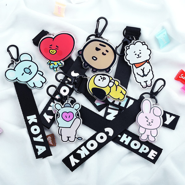 BTS BT21 Keychain Laser Lanyard Keyring JIN JIMIN SUGA Cute Phone Strap Ribbon Fans Keyring Decoration