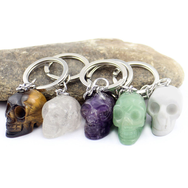 JLN Stone Skull Head Key Chain Quartz Amethyst Jade Gemstone Key Ring Punk Jewelry Gift For Man Woman