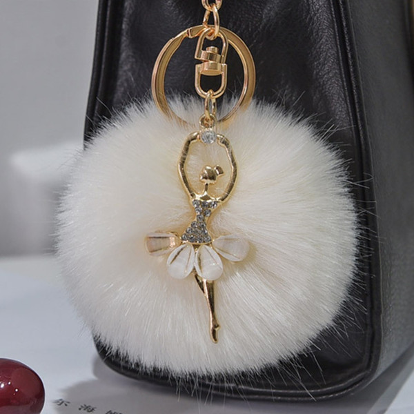 Fur Keychains Cute Dancing Angel key chain Cute Cream Pompom Artificial Rabbit Fur Keychain Women Car Bag Key Ring