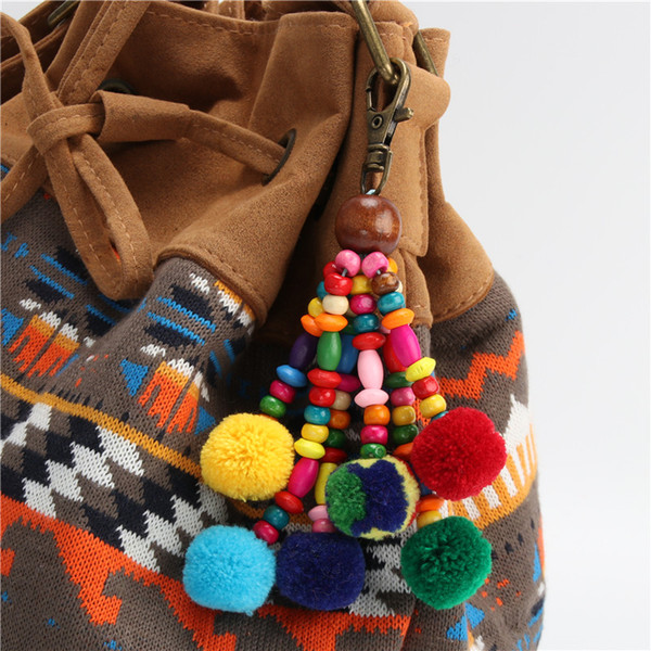 1pc 2018 New Pompom Keychains With Colorful Wooden Beads Bohe Style Tassel Handamde Bag Hanging Pendant