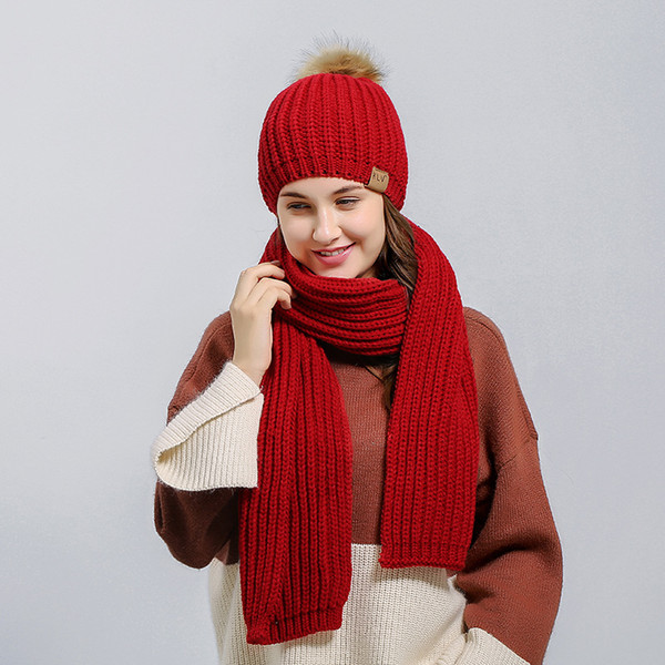 2018 Hot Cake Women's Woollen Scarf Hat Suit Large Vertical Bar Two-piece Set Warm Scarves And Hats