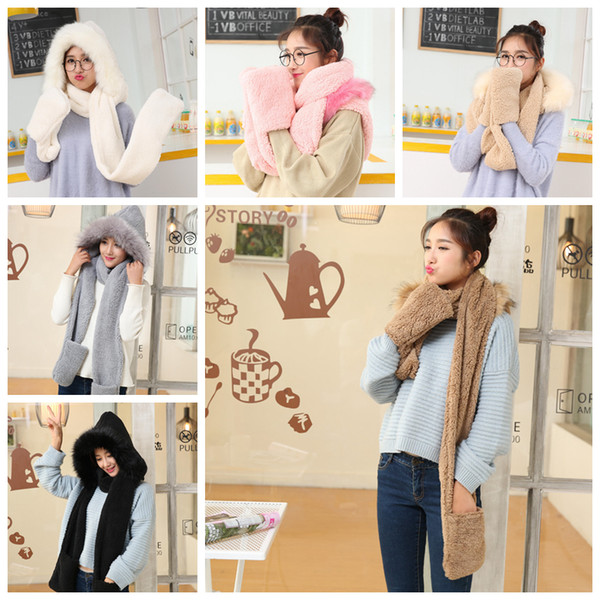 Women Faux Fleece Hood Scarf Cap Gloves Girls Soft Fur Winter Warm Hooded Scarves 3 in1 With Hats Gloves 6colors AAA1092