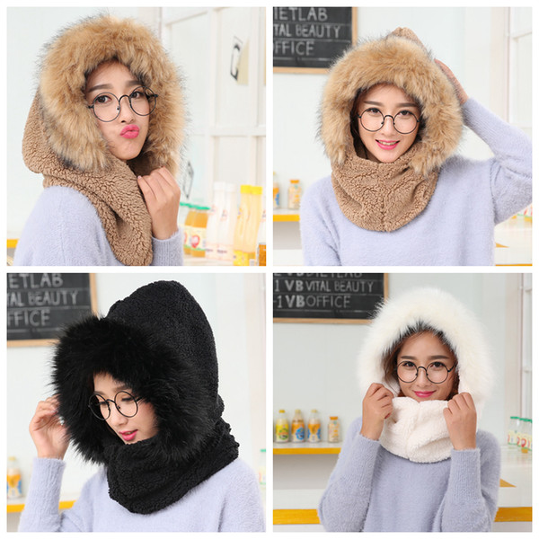 Women Faux Fleece Hood Scarf Cap Girls Soft Fur Winter Warm Hooded Scarves 2 in1 With Hats Fleece hooded Scarf 3colors AAA1097