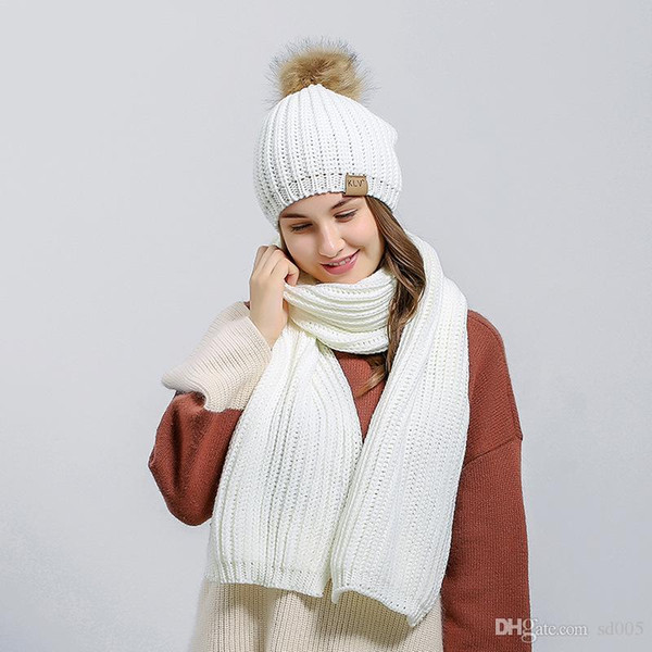 Women Hats Scarves Sets With Big Hair Balls Wool Knitted Beanie Wraps Sets Winter Warm Kit New Arrival 29lz B