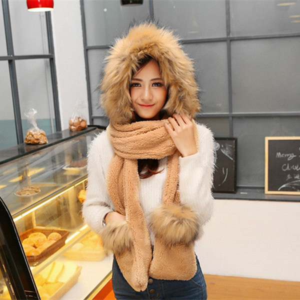 Plush Soft Faux Fur Winter Ladies Woman Furry Hat with Hood Scarf Long Mittens Pocket Spirit Hoods Coral velvet Christmas Gift