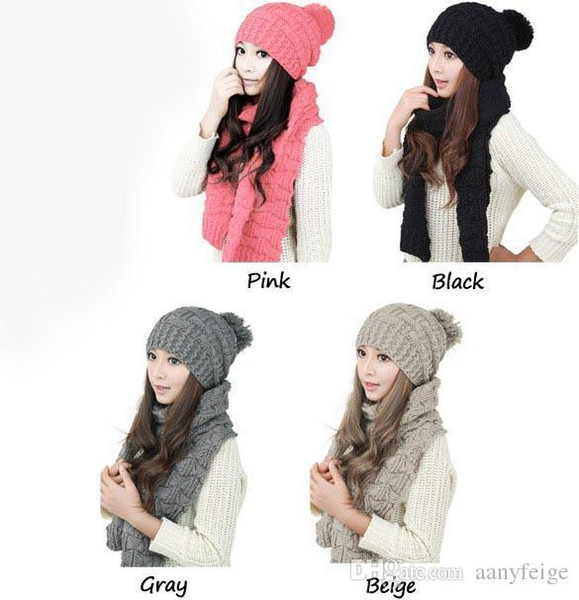 2pcs/set winter hat and scarfs set for women warm suit girls wool hats thicken multicolor ladies scarf,pink gray white black beige