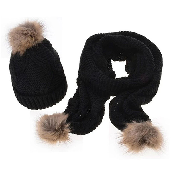 Winter Warm Women Fashion knitted Scarf and Hat Set Crochet Ski Cap Beanie Skullies Fur pom pom Women Girls Winter Caps