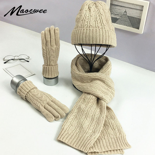 Knitted Winter Hats for Women's Hat Scarf Glove Set 3 Piece Sets Fashion Twist stripes Cap Gorros Bonnet Wool Beanie Skullies C18103101