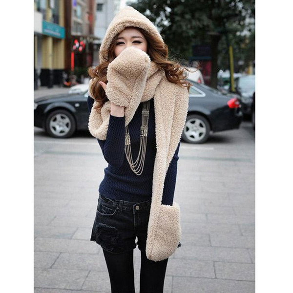 Hot Fashion Thickening Plush Cashmere Hooded Scarf Scarves Hats Gloves Winter Warm Ear Hand Protect One Couple 3 color