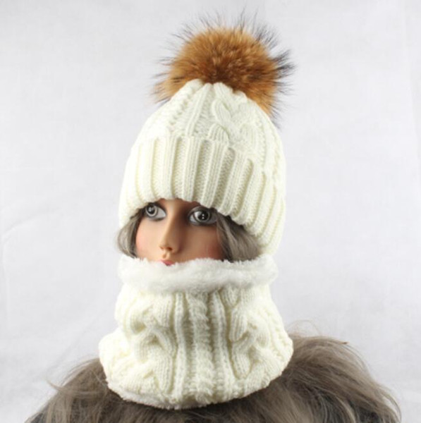 Winter Fleece Hat Scarf For Women Fur Pompom Hat Sets Thick Knitted Warm Hat and Scarf Sets Free Shipping