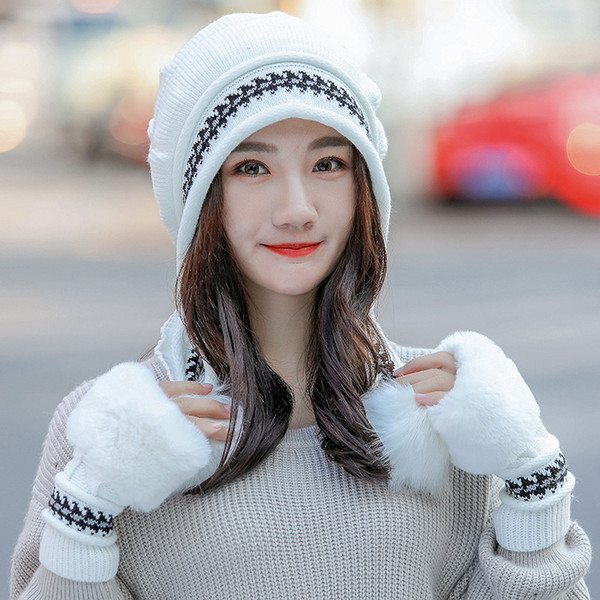 Keep Warm Fashion Hairball Thin Women Girl Knitted Hat and Gloves Set Warmed Fur Cap Autumn Winter 6 Color