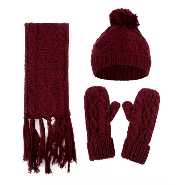 Knitted Winter Hats for Women's Hat Scarf Glove Set 3 Piece Sets Fashion Twist Stripes Cap Bonnet Wool Beanie Skullies