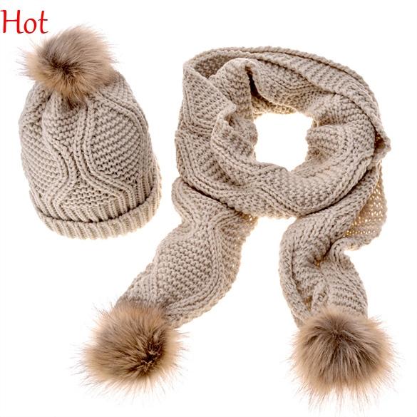 2016 Top Hot Fashion Winter Mufflers Warm Knitted Hat 2 Pcs Set Women Thicken Faux Fur Hat Scarf Ski Slouch Caps Wine Red White Hot SV012855