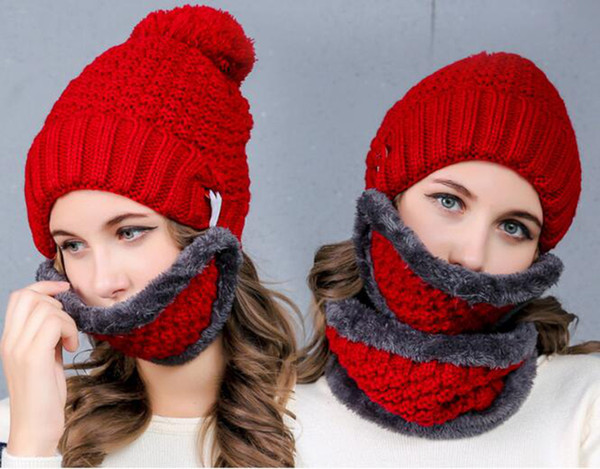 Women Knitted Hat Scarf Masks Set Fashion Wool Thickening Hat Collars Female Warm Hat Casual Snow Cap